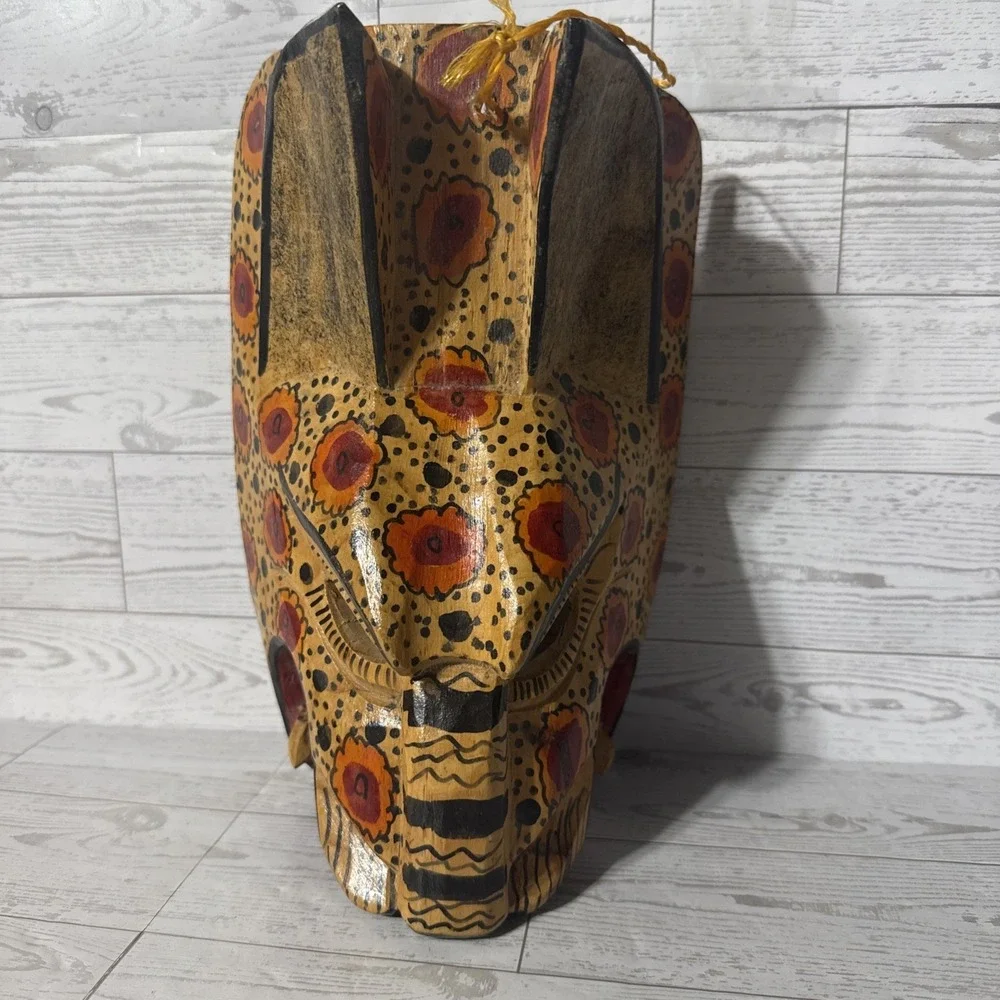 Hand Carved Wooden Jaguar Mask Tribal Painted Folk Art Wall Decor Safari Jungle